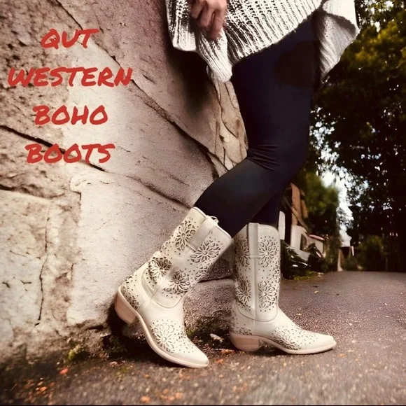 QUT Women’s Western Boots Cowboy Mid-Calf Snip Toe Leather Cowgirl Boho - Picture 6 of 7